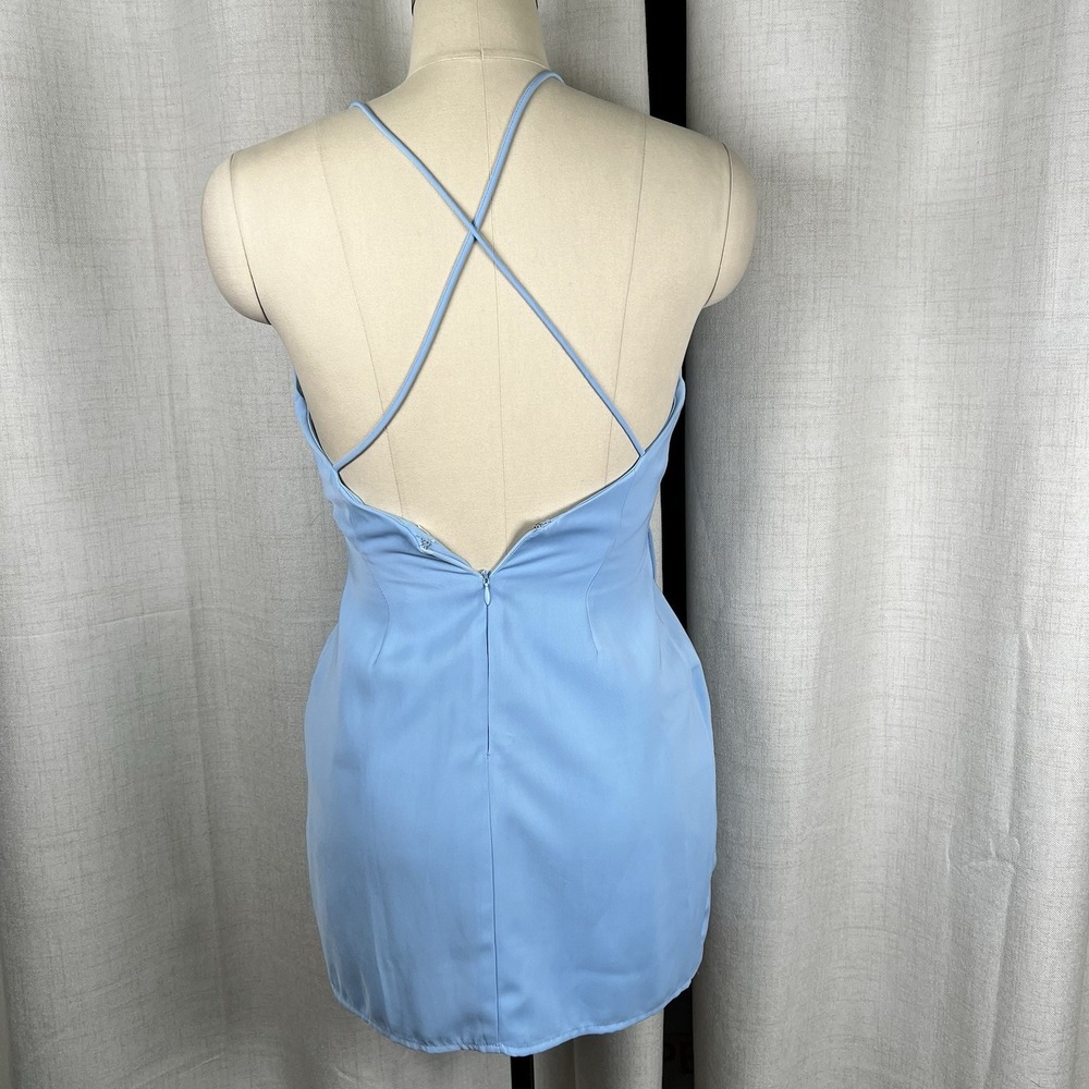 NEW! Superdown Revolve Vivian Deep V Mini Dress Light Blue Size Small Tulip Hem - Picture 5 of 10